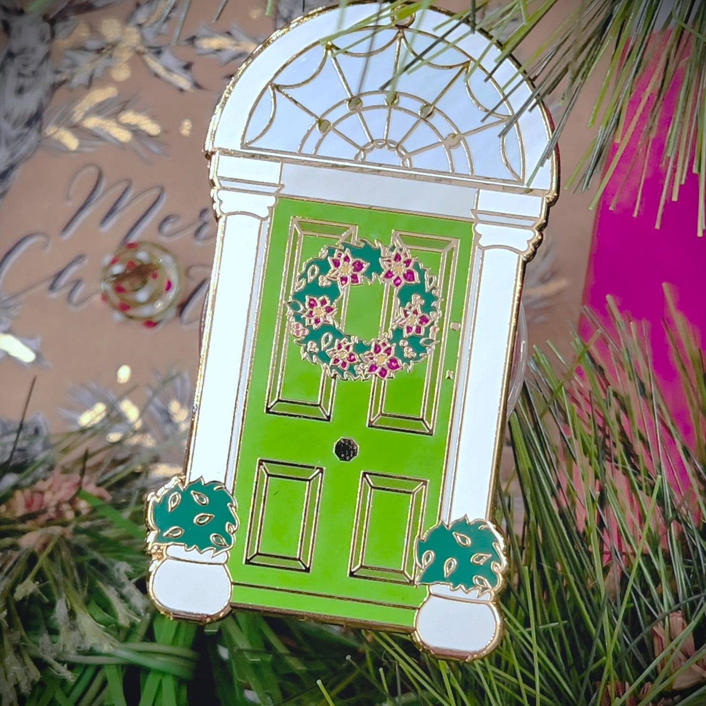 Festive Door with Wreath Hanging Ornament